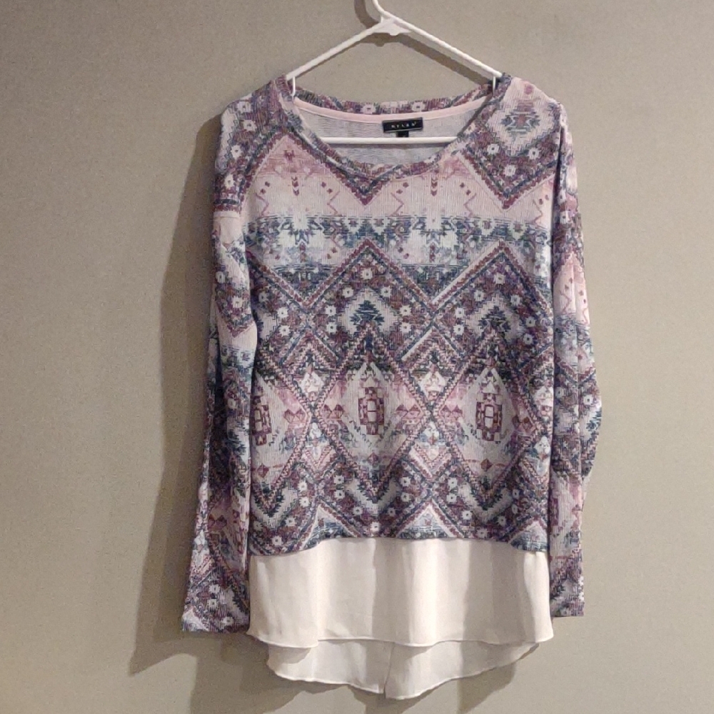 Kiara Women's Small Geometric‎ Patterned Long Sleeve Pink/Blue Top